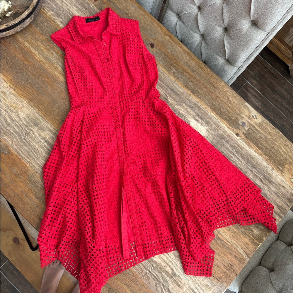 Carolina Herrera Red Eyelet Asymmetrical Shirt Dress size 6